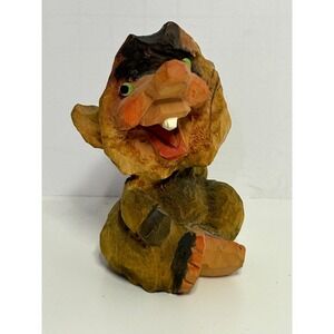 Henning Hand Carved Gnome Troll Norway 3 1/2" Wood Sitting Figurine Buck Tooth‎